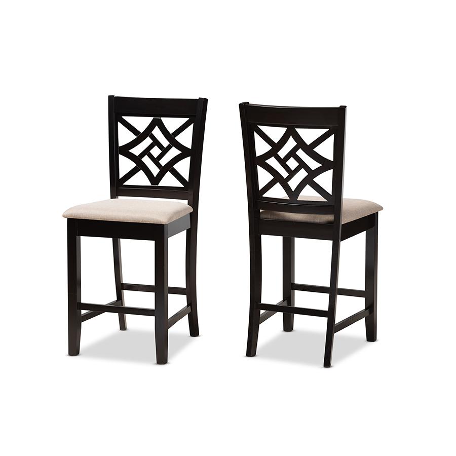 Sand Fabric Upholstered and Dark Brown Finished Wood 2-Piece Counter Stool Set