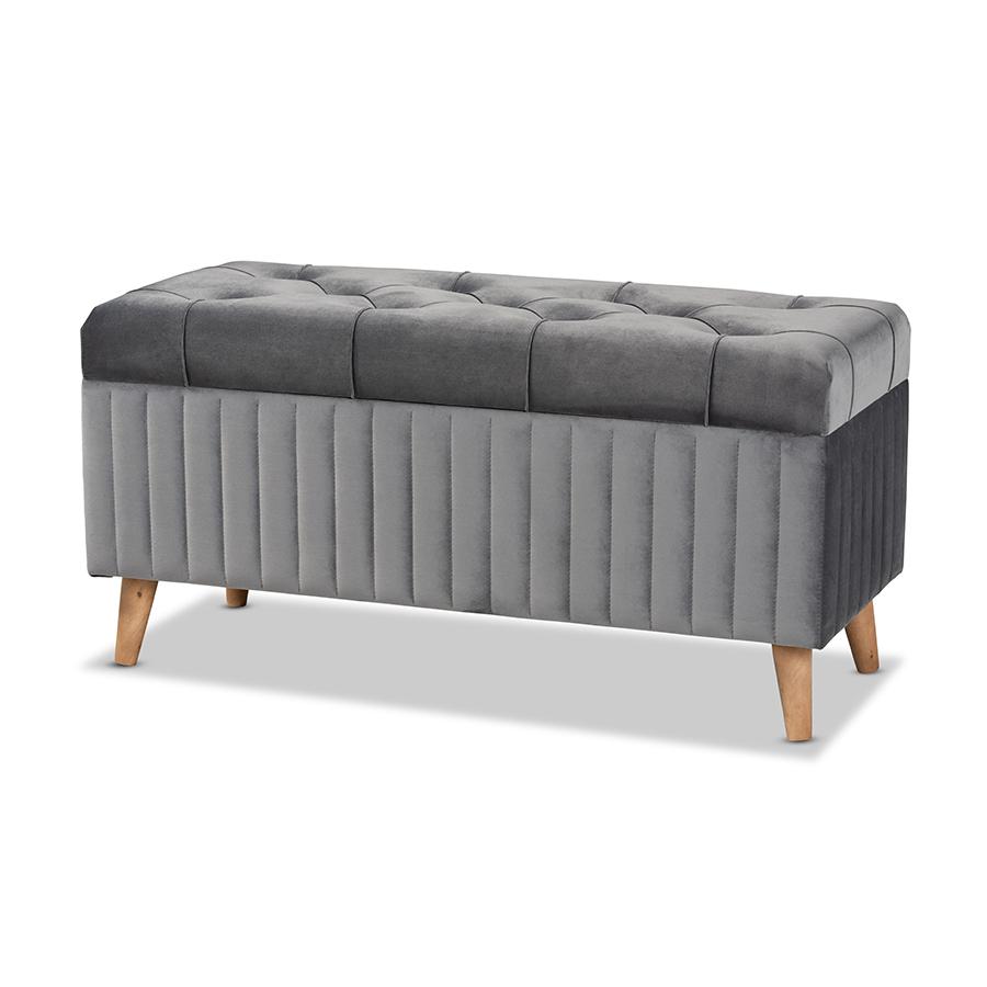 Grey Velvet Fabric Upholstered and Walnut Brown Finished Wood Storage Ottoman