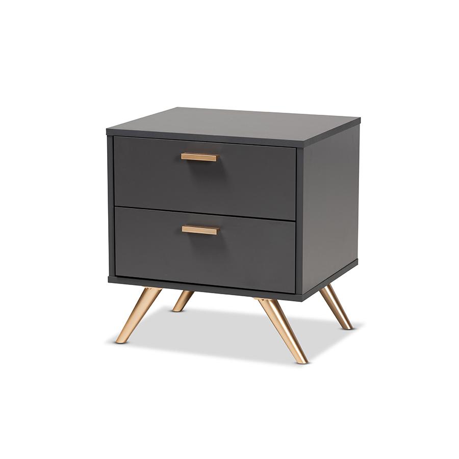 Dark Grey and Gold Finished Wood 2-Drawer Nightstand