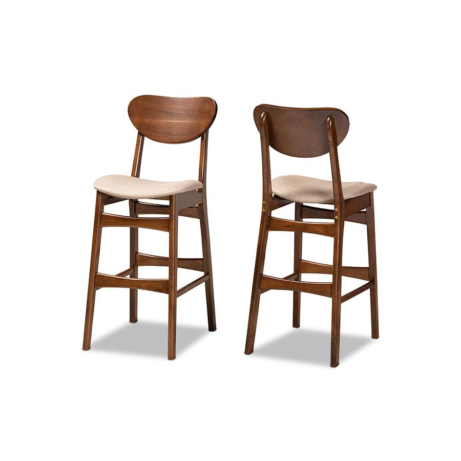 Sand Fabric Upholstered and Walnut Brown Finished Wood 2-Piece Bar Stool Set