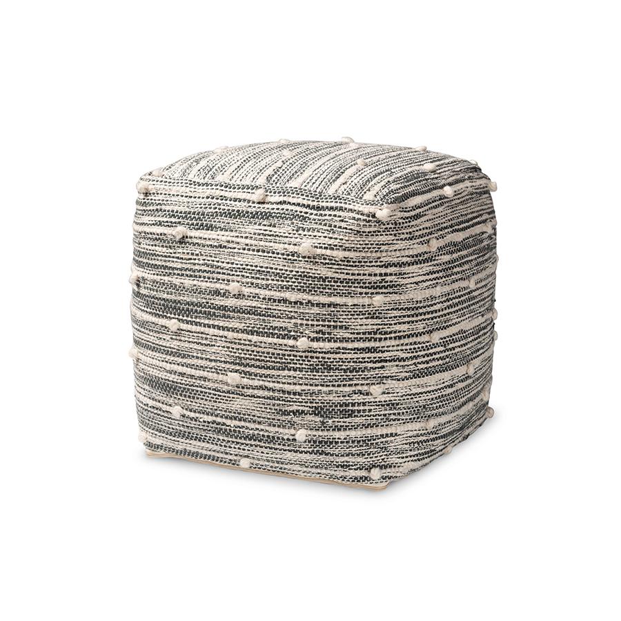 Moroccan Inspired Dark Grey and Ivory Handwoven Cotton Blend Pouf Ottoman