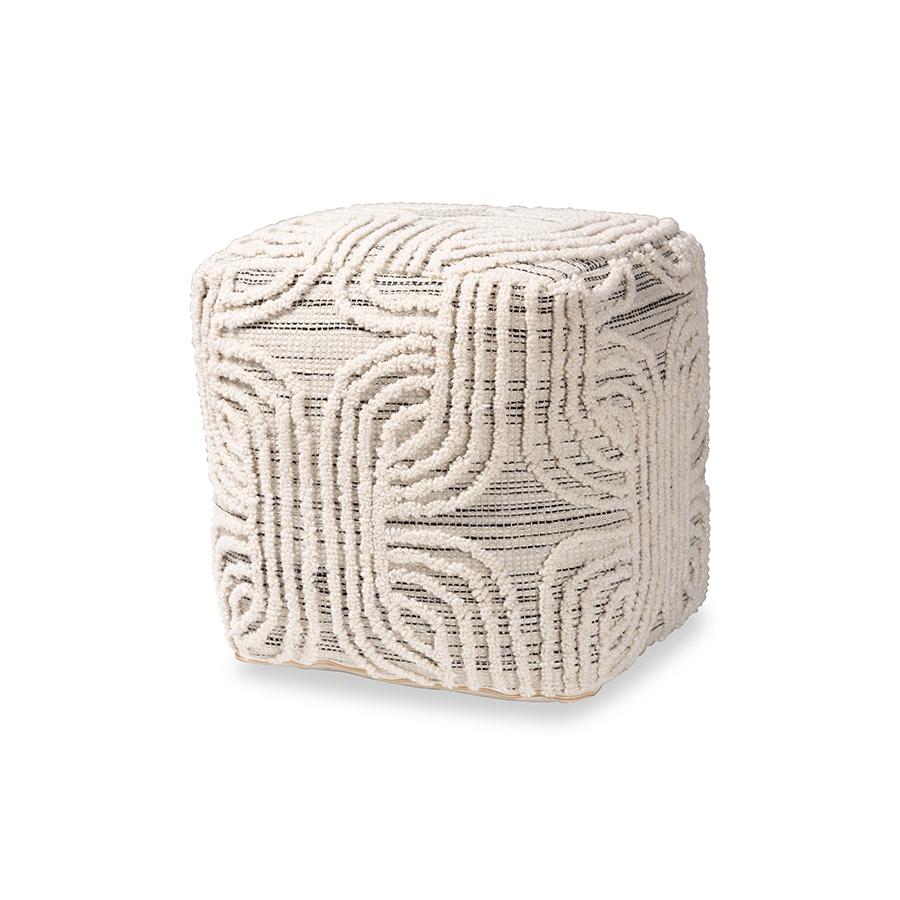 Bohemian Ivory and Black Handwoven Wool Blend Pouf Ottoman