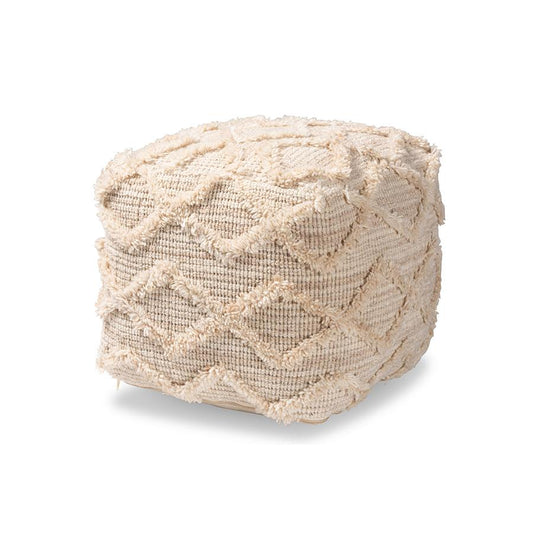 Moroccan Inspired Ivory Handwoven Wool Blend Pouf Ottoman