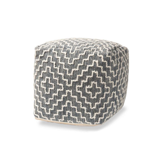 Bohemian Grey and Ivory Handwoven Cotton Blend Pouf Ottoman