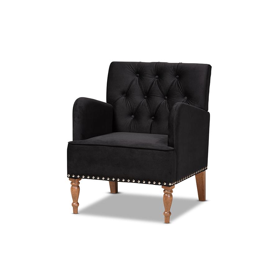 Glam and Luxe Black Velvet Upholstered and Walnut Brown Finished Wood Armchair