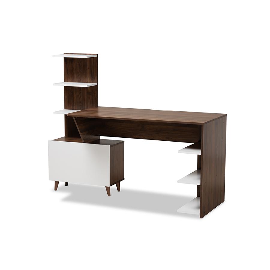 Two-Tone White and Walnut Brown Finished Wood Storage Computer Desk with Shelves