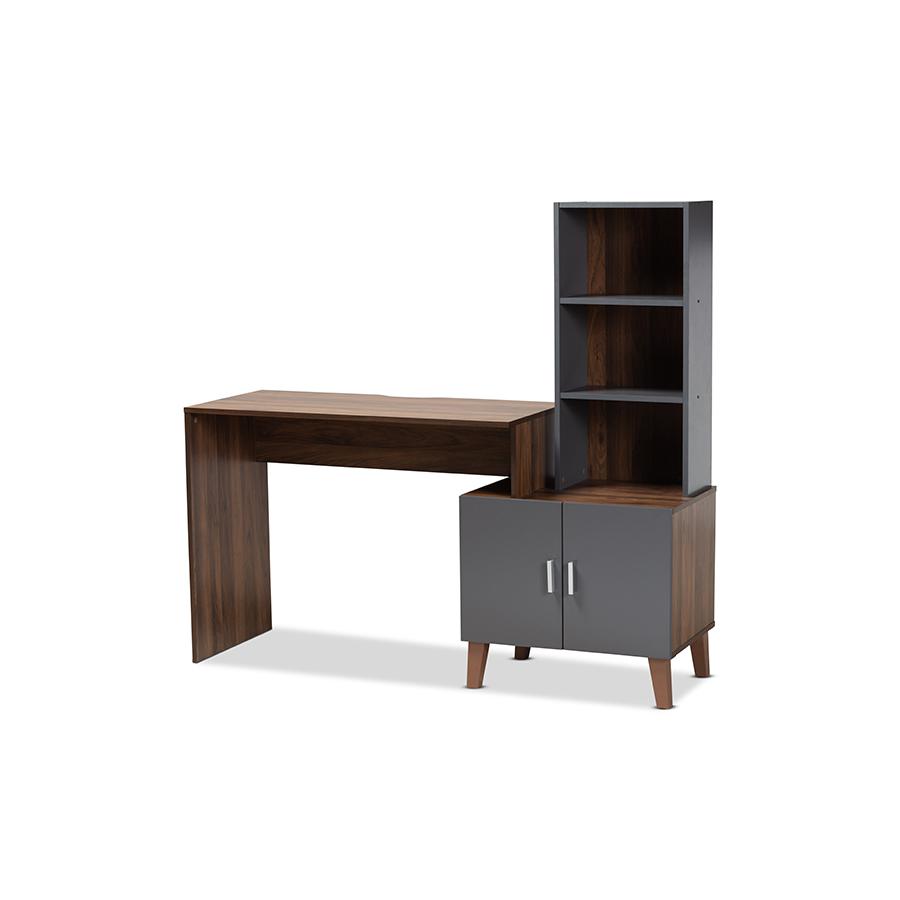 Two-Tone Walnut Brown and Dark Grey Finished Wood Storage Desk with Shelves