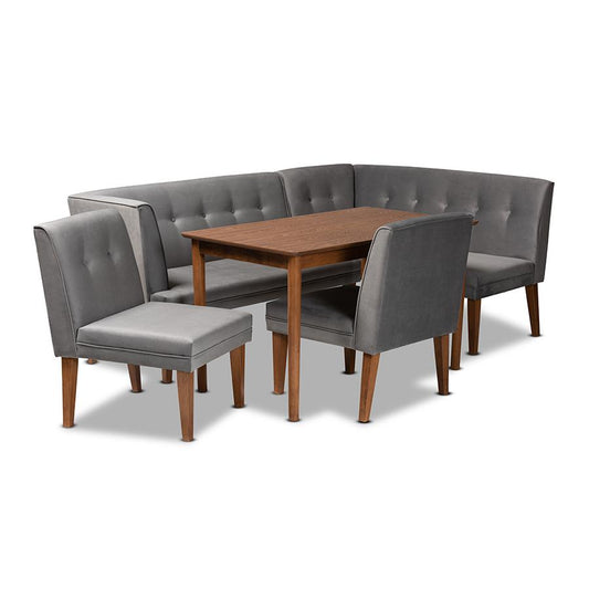 Grey Velvet Upholstered and Walnut Brown Finished Wood 5-Piece Dining Set