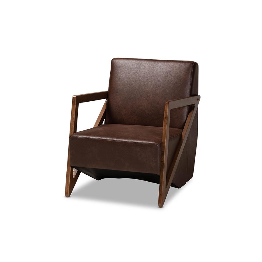 Leather Effect Fabric Upholstered and Walnut Brown Finished Wood Accent Chair