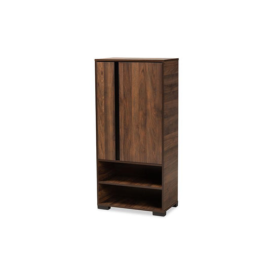 Two-Tone Walnut Brown and Black Finished Wood 2-Door Shoe Storage Cabinet