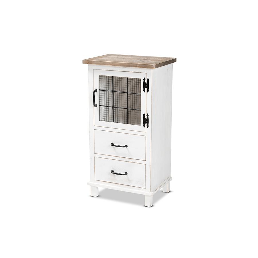 Baxton Studio Faron Classic and Traditional Farmhouse Two-Tone Distressed White and Oak Brown Finished Wood 2-Drawer Storage Cabinet