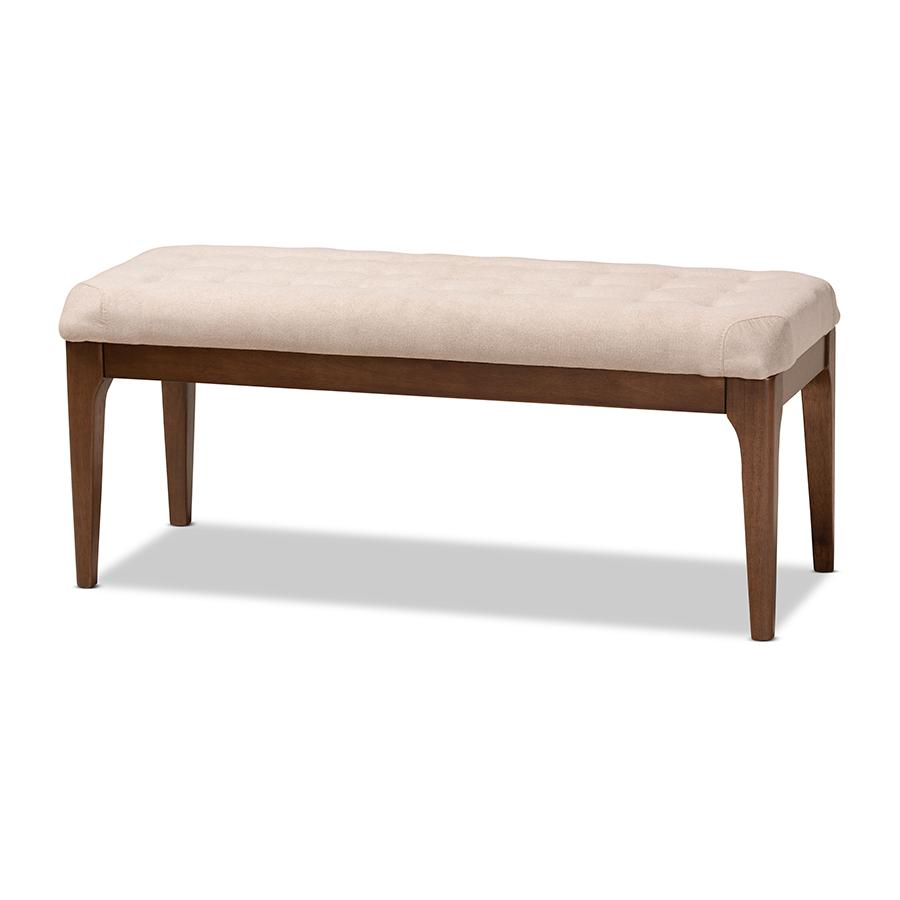 Walsh Beige Fabric Upholstered and Walnut Brown Finished Wood Dining Bench