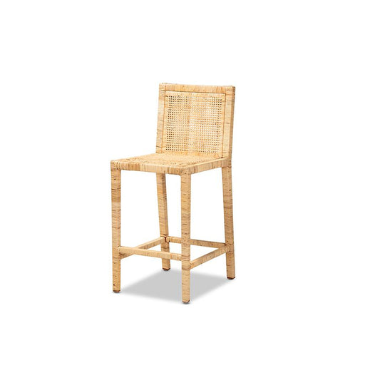 Natural Finished Wood and Rattan Counter Stool