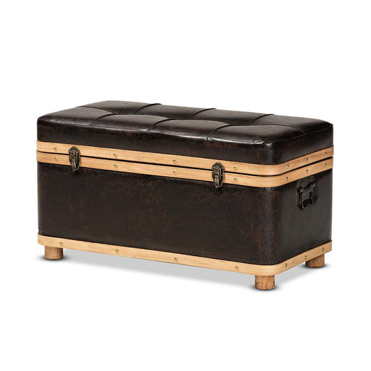 Leather Upholstered and Oak Brown Finished Wood Large Storage Ottoman