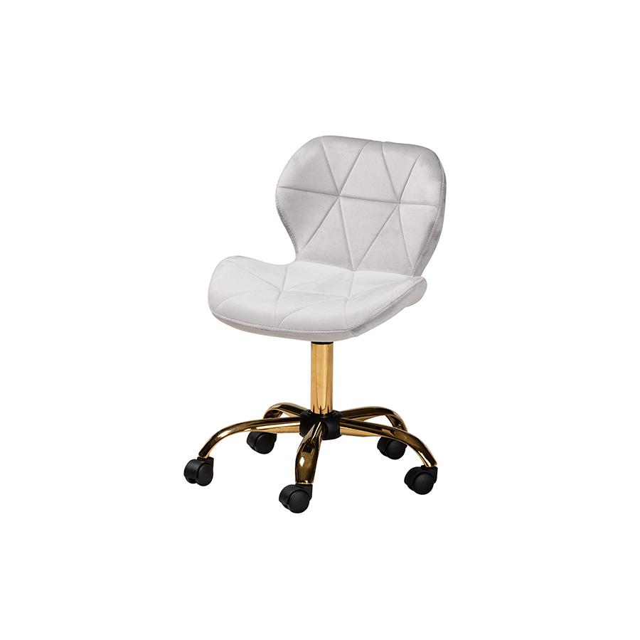 Glam and Luxe Grey Velvet Fabric and Gold Metal Swivel Office Chair