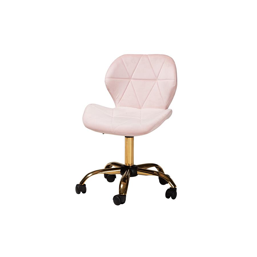 Glam and Luxe Blush Pink Velvet Fabric and Gold Metal Swivel Office Chair