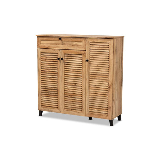 Oak Brown Finished Wood 3-Door Shoe Storage Cabinet with Drawer