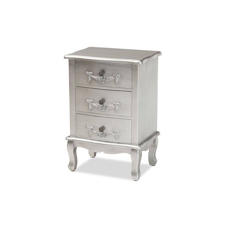 Baxton Studio Callen Classic and Traditional Brushed Silver Finished Wood 3-Drawer Nightstand