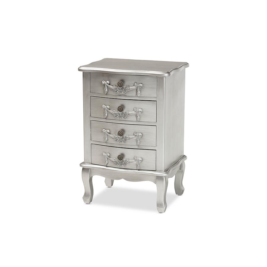 Baxton Studio Callen Classic and Traditional Brushed Silver Finished Wood 4-Drawer Nightstand