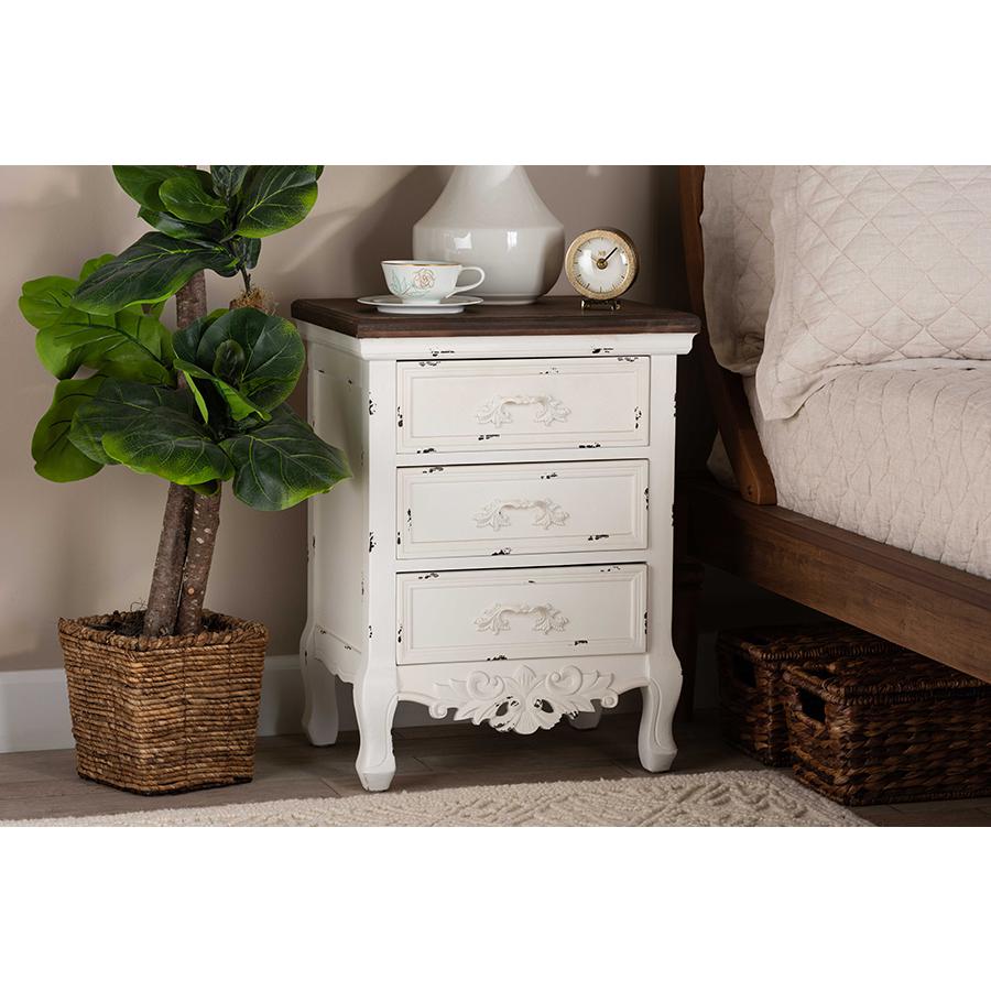 Baxton Studio Levron Classic and Traditional Walnut Brown and Antique White Finished Wood 3-Drawer Nightstand