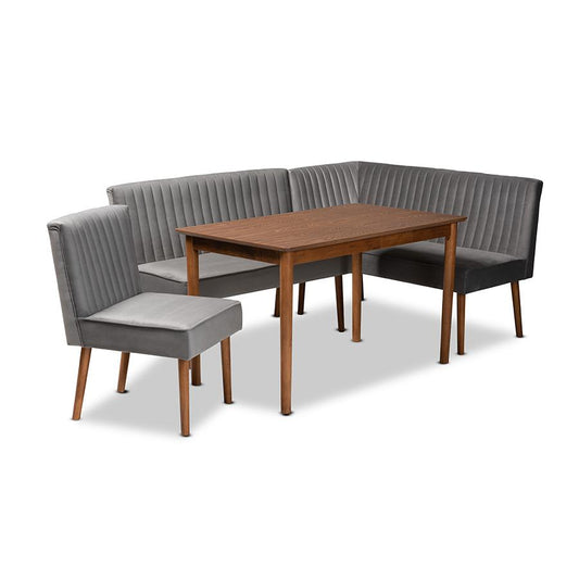 Grey Velvet Upholstered and Walnut Brown Finished Wood 4-Piece Dining Nook Set