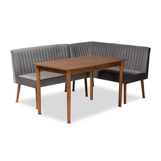 Grey Velvet Upholstered and Walnut Brown Finished Wood 3-Piece Dining Nook Set