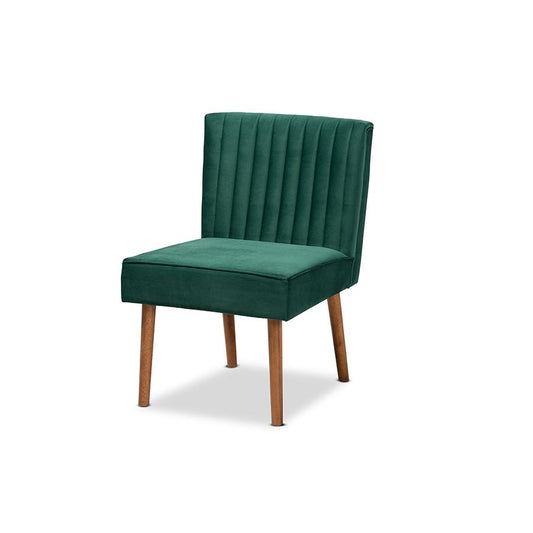 Emerald Green Velvet Upholstered and Walnut Brown Finished Wood Dining Chair