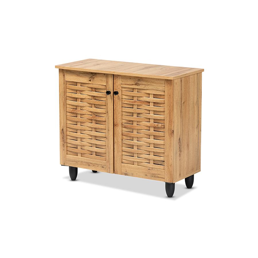 Winda Modern and Contemporary Oak Brown Finished Wood 2-Door Shoe Cabinet