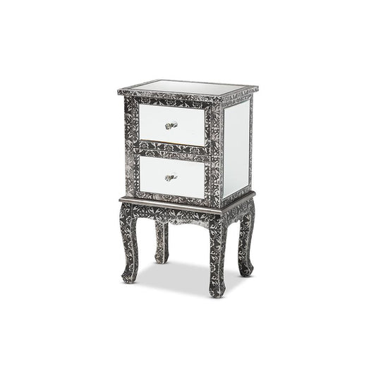 Baxton Studio Wycliff Industrial Glam and Luxe Silver Finished Metal and Mirrored Glass 2-Drawer Nightstand