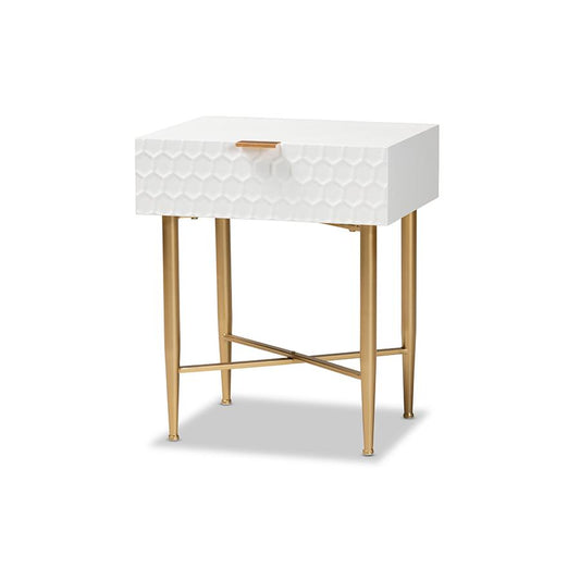 Baxton Studio Marcin Contemporary Glam and Luxe White Finished Wood and Gold Metal 1-Drawer Nightstand