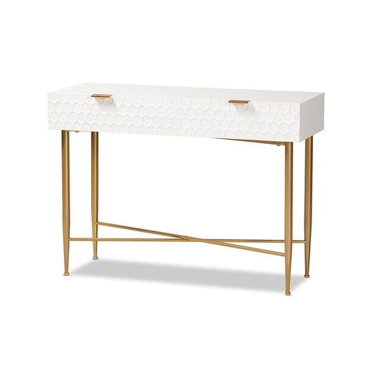 White Finished Wood and Gold Metal 1-Drawer Console Table