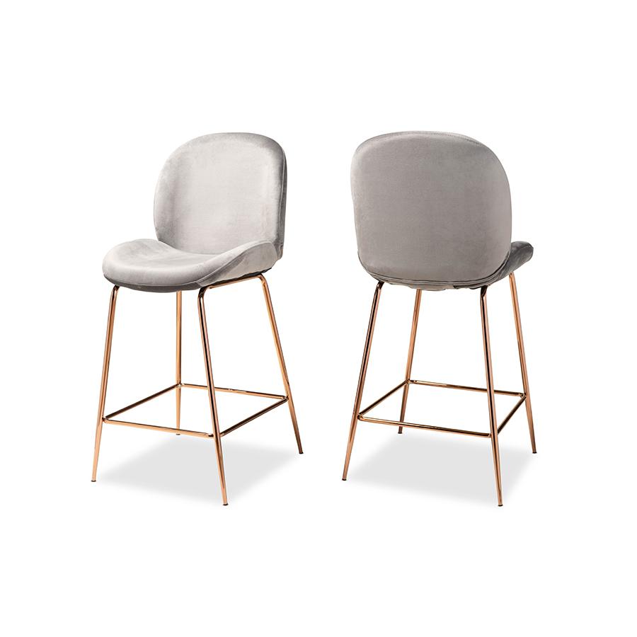 Luxe and Glam Grey Velvet and Rose Gold Finished Metal 2-Piece Counter Stool Set