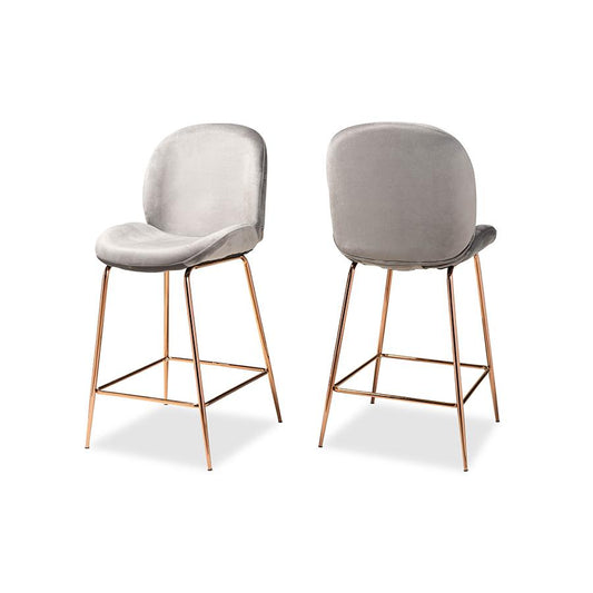 Luxe and Glam Grey Velvet and Rose Gold Finished Metal 2-Piece Counter Stool Set