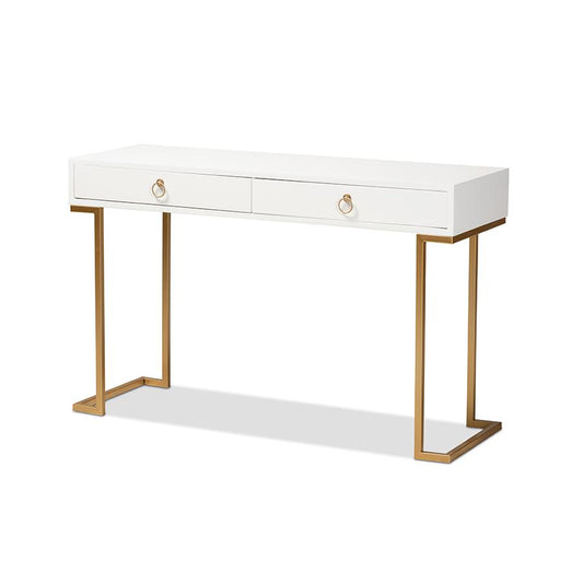 White Finished Wood and Gold Metal 2-Drawer Console Table