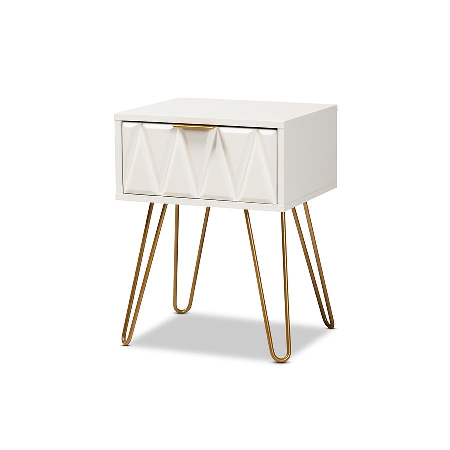 Glam and Luxe White Finished Wood and Gold Metal 1-Drawer End Table