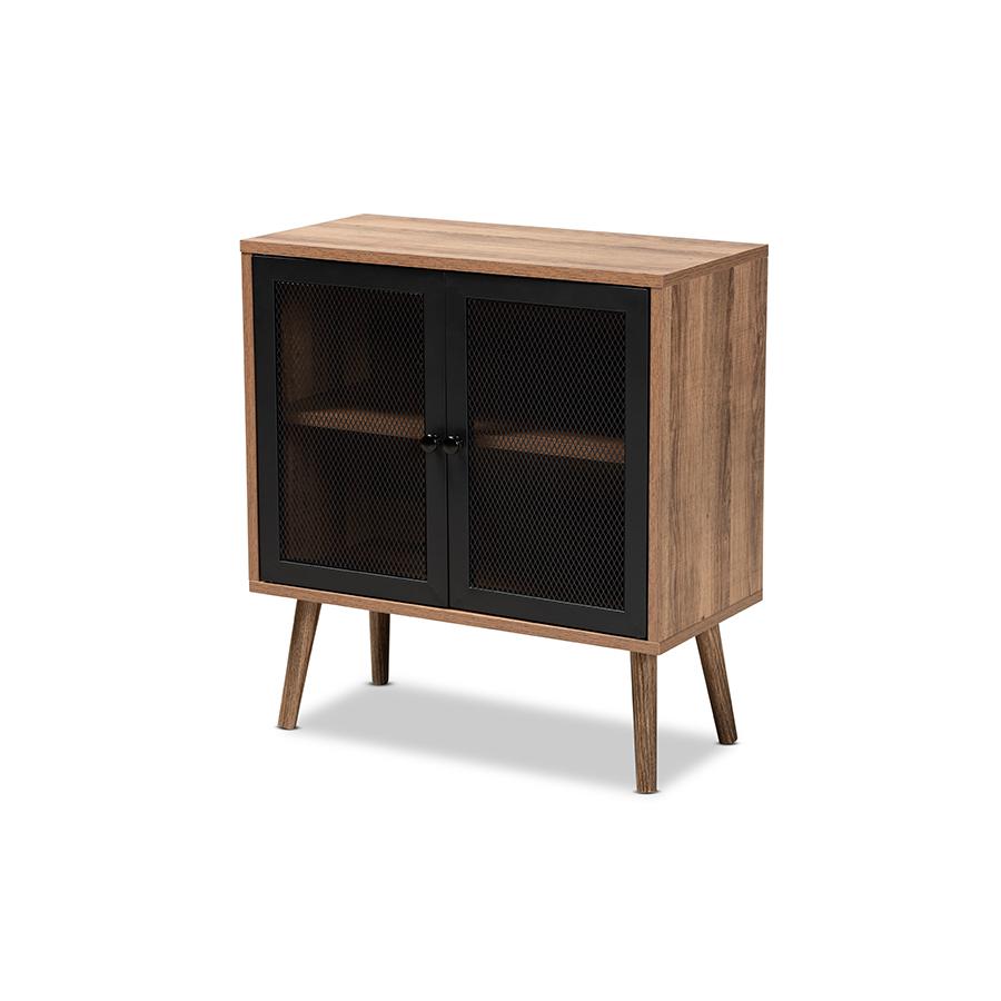 Transitional Natural Brown Finished Wood and Black Metal 2-Door Storage Cabinet