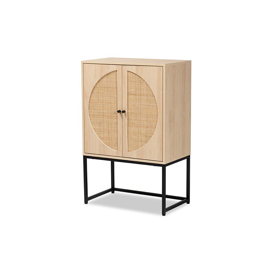 Black Metal 2-Door Storage Cabinet with Natural Rattan