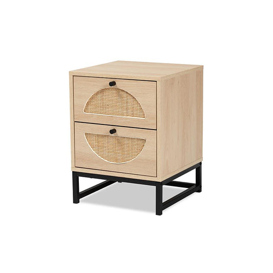 Black Metal 2-Drawer End Table with Natural Rattan