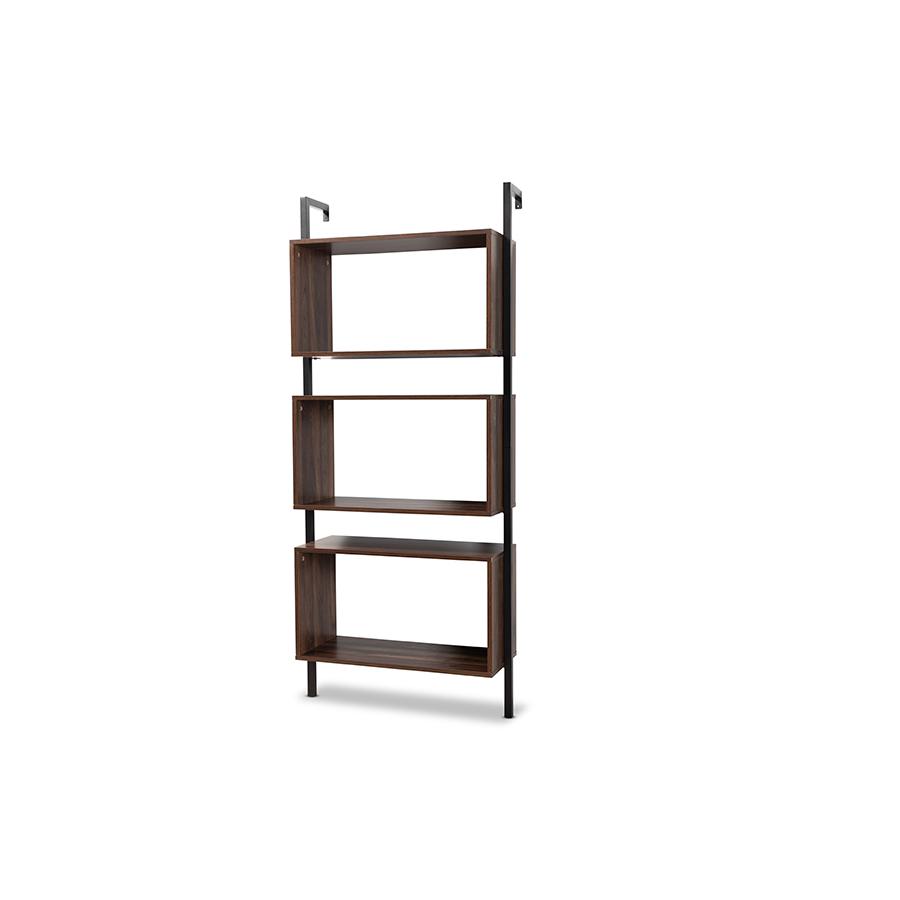 Industrial Walnut Brown Finished Wood and Black Metal 3-Tier Display Shelf