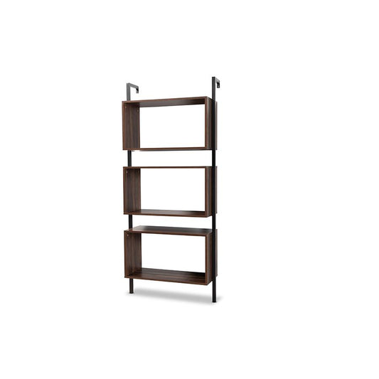 Industrial Walnut Brown Finished Wood and Black Metal 3-Tier Display Shelf