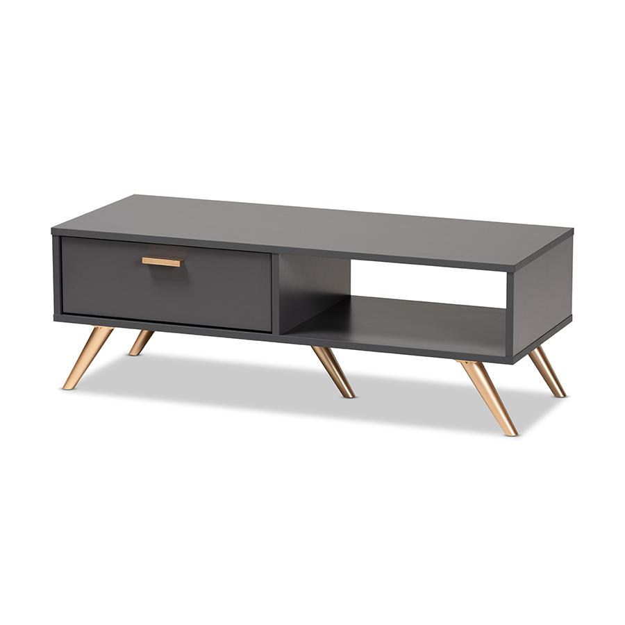 Kelson Modern and Contemporary Dark Grey and Gold Finished Wood Coffee Table