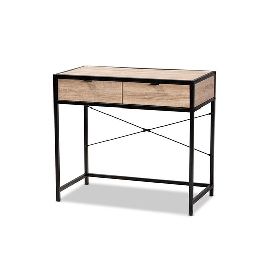 Industrial Natural Brown Finished Wood and Black Metal 2-Drawer Desk