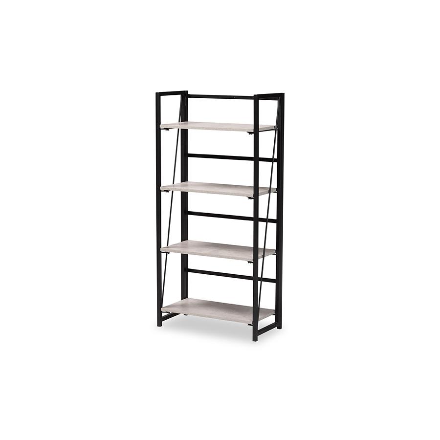 Industrial Light Grey Finished Wood and Black Metal 4-Tier Display Shelf