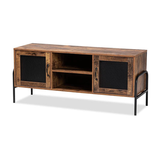 Industrial Walnut Brown Finished Wood and Black Metal 2-Door TV Stand