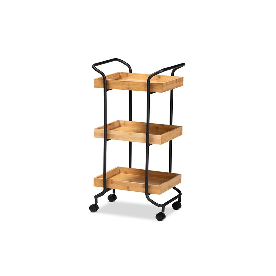 Oak Brown Finished Wood and Black Metal 3-Tier Mobile Kitchen Cart