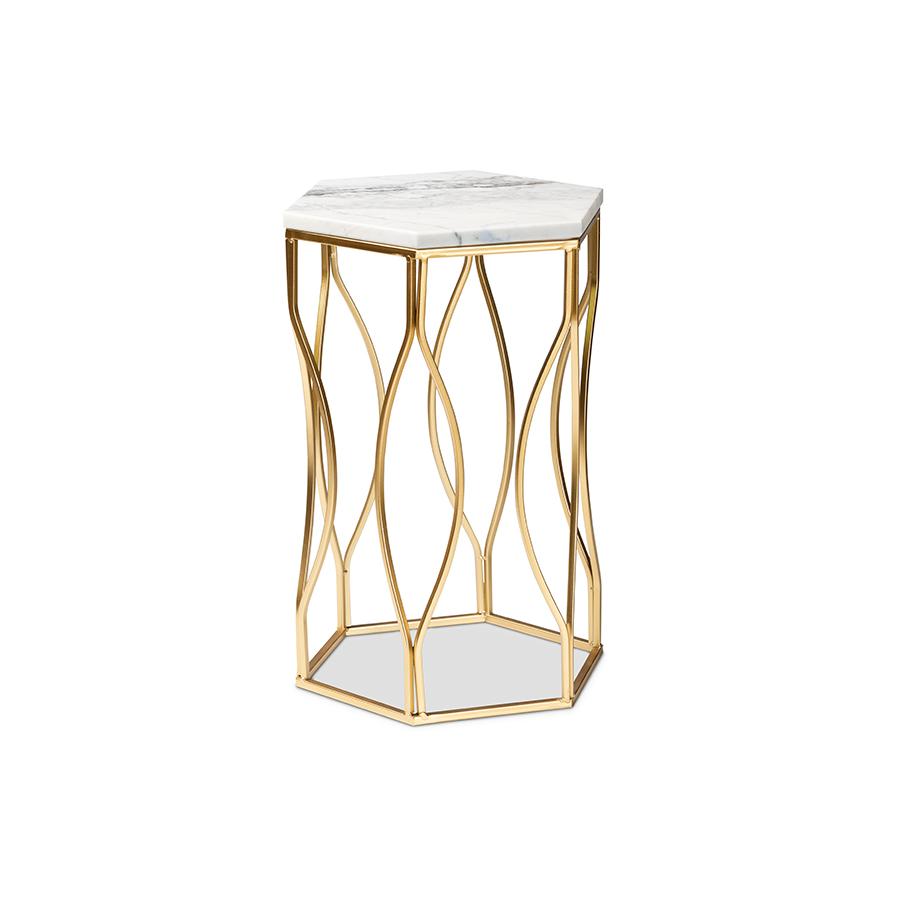 Kalena Modern and Contemporary Gold Metal End Table with Marble Tabletop