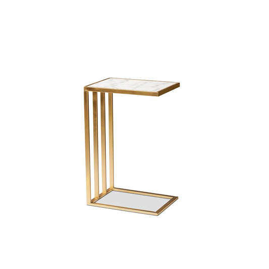 Gold Finished Metal C Shaped End Table with Marble Tabletop