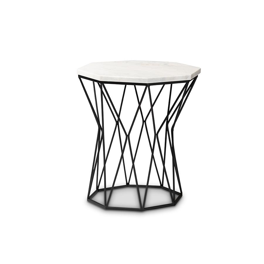 Venedict Modern and Contemporary Black Metal End Table with Marble Tabletop