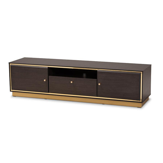 Transitional Dark Brown Finished Wood and Gold Metal 2-Door TV Stand