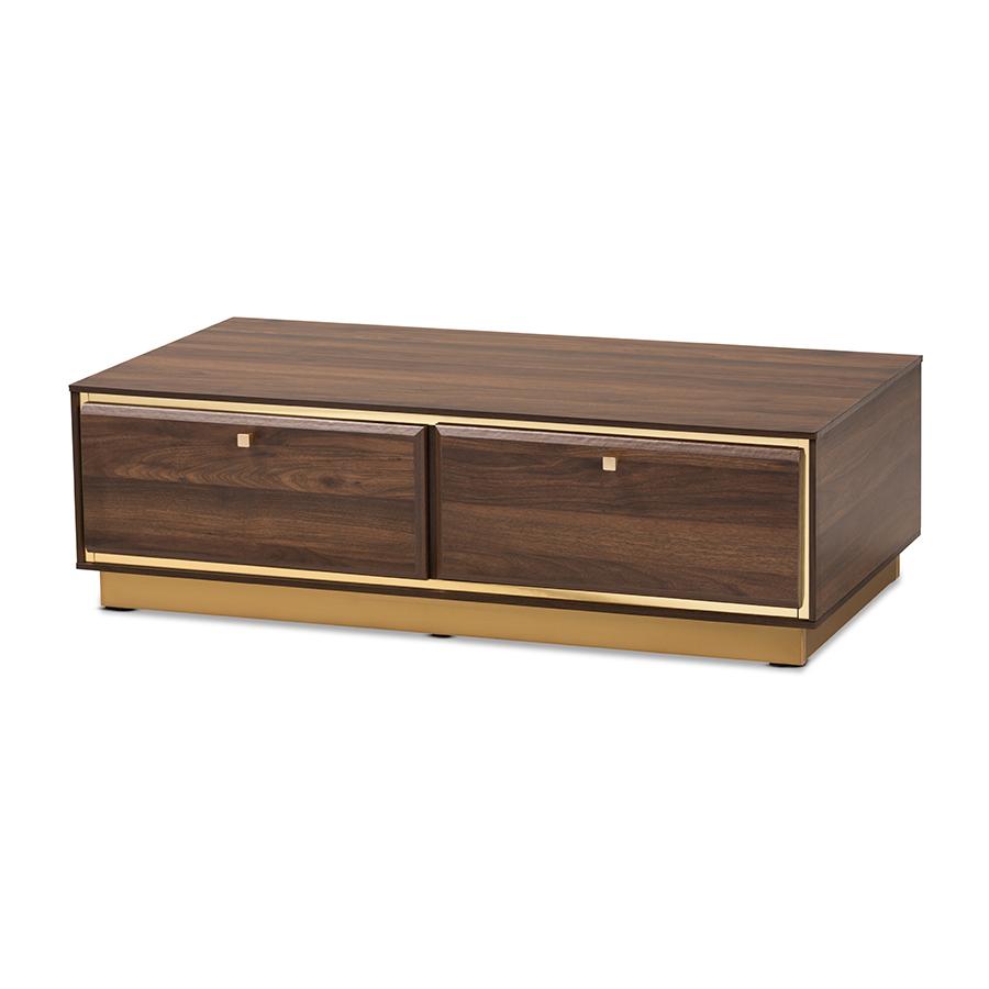 Transitional Walnut Brown Finished Wood and Gold Metal 2-Drawer Coffee Table